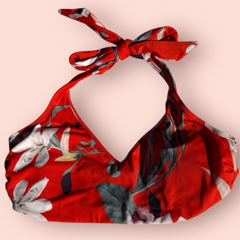 Athleta Red Tropical Floral Bikini Halter Top